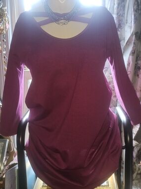 Wine Purple Crisscross Neck Long Sleeve Tunic